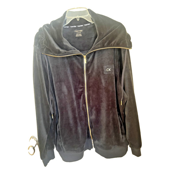 CALVIN KLEIN Women's Full Zip Black Velour Jacket, 3XL Gold Accents - Picture 1 of 6
